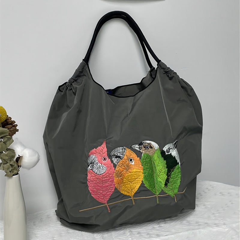 Cute Birds Embroideried Handbag Durable Drawstring Shoulder Bag For Women