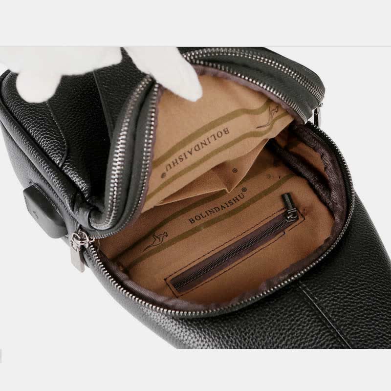 Multiple Pockets Leather Sling Chest Bag for Men with USB Charging Port