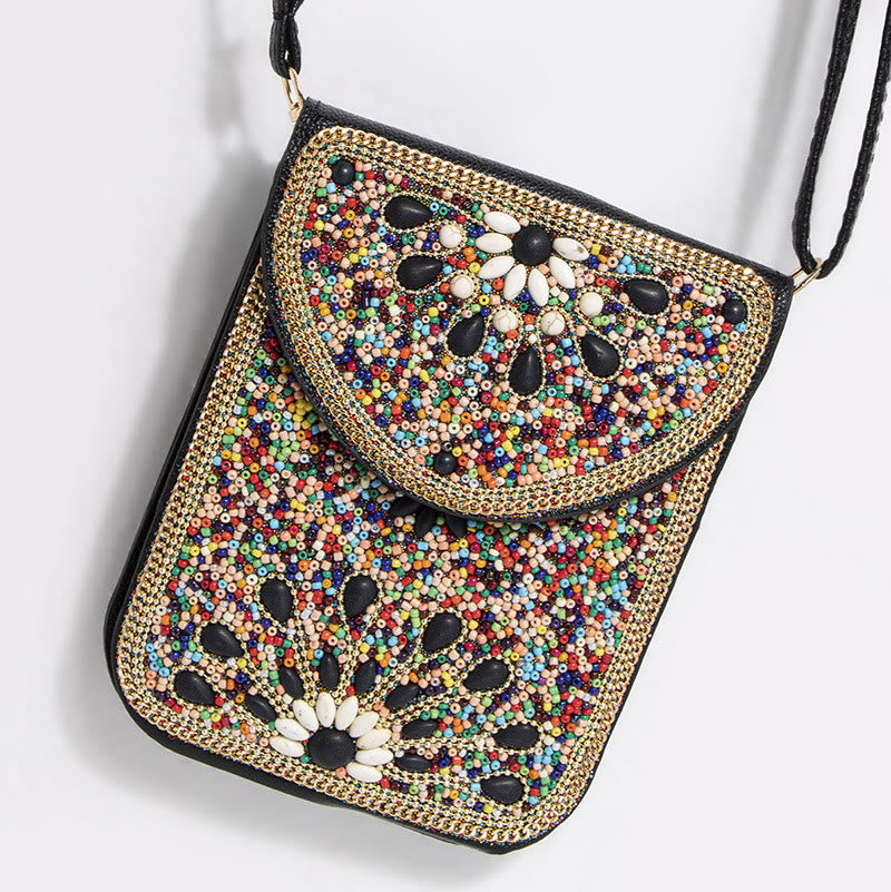 Bohemian Phone Bag Women Shell Flowers Pattern Magnetic Crossbody Bag