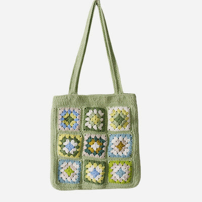 Hand-Woven Check Shoulder Bag Green Flower Stitching Tote