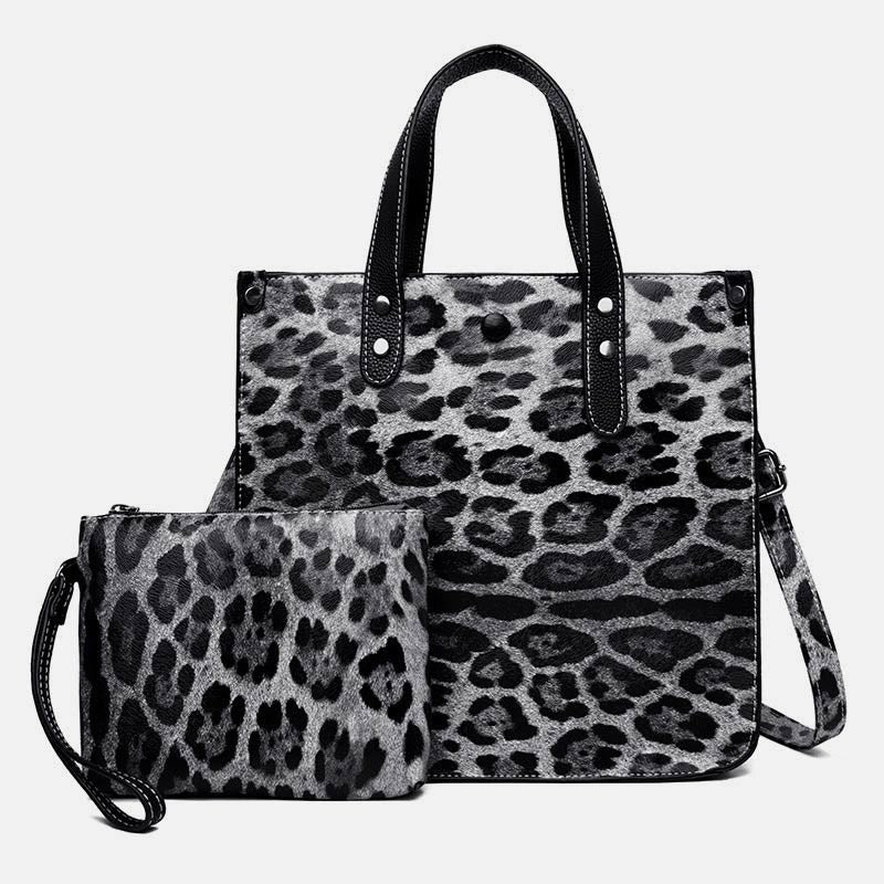 Leopard Print Tote Bag Set For Women Leather Handbag