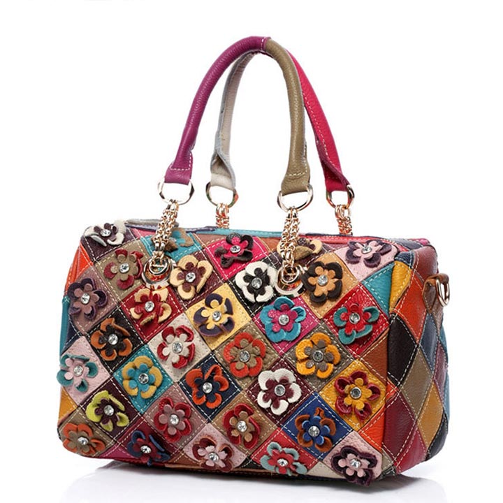 Genuine Leather Multicolor Flower Handbag