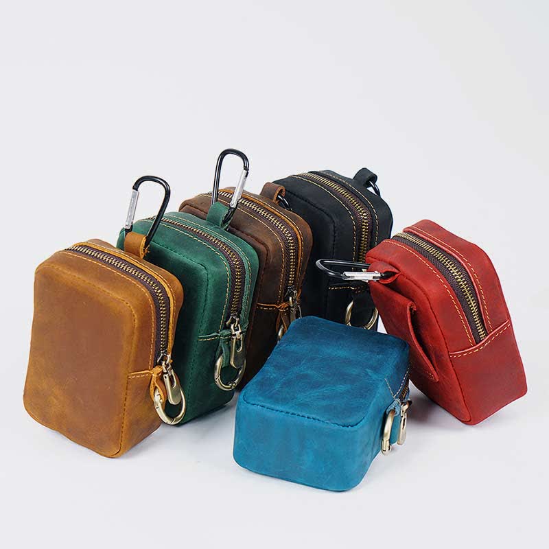 Genuine Leather Zipper Coin Purses Pouch for Women Men with Belt Loop