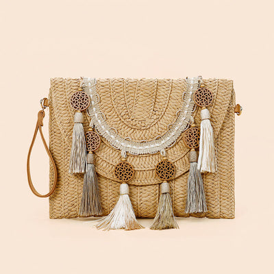 Tassel Beach Clutch for Women Raffia Woven Envelop Bag with Shoulder Strap