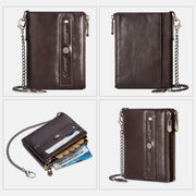 Mens Wallet with Chain Leather Bifold Wallet with Double Zipper Pocket
