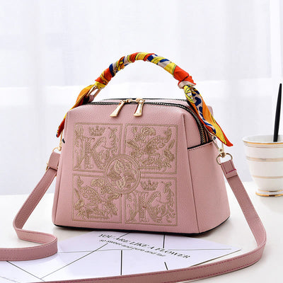 Top-Handle Bag For Women Embroidered Leather Portable Crossbody Shoulder Bag