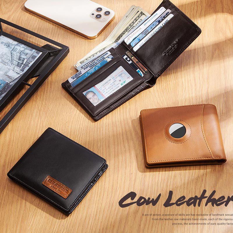 Men's Genuine Leather Bifold Airtag Wallet with RFID Blocking Anti-theft Wallet