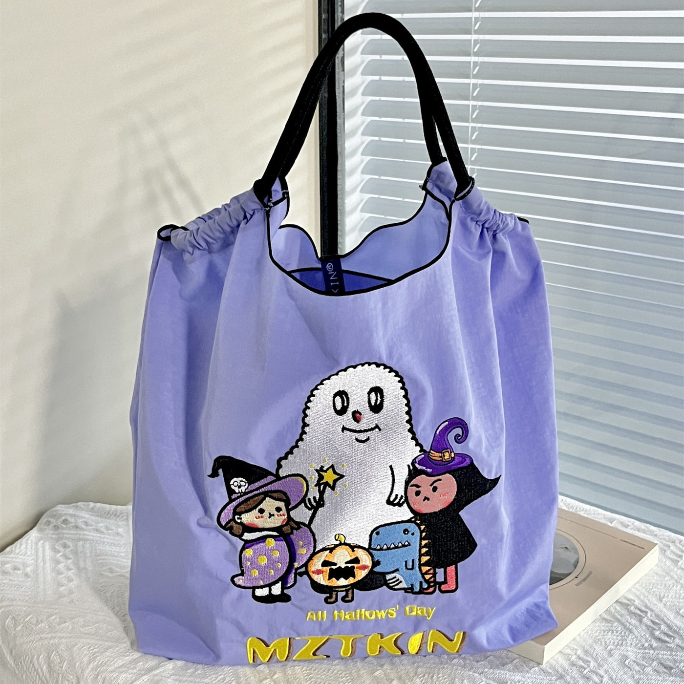 Cute Dog Embroideried Handbag Durable Drawstring Shoulder Bag For Women