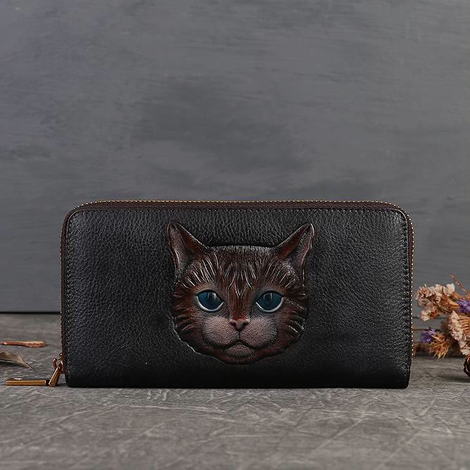 Real Leather Cat Wallet Embossed Multi Slot Clutch Purse