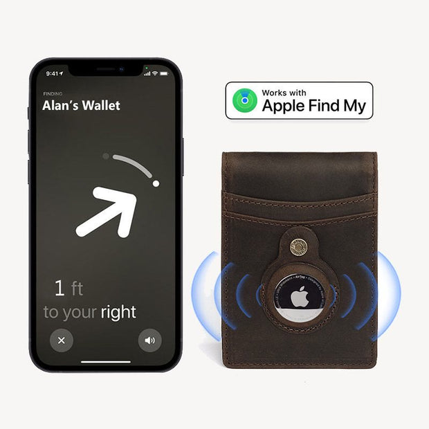 Retro Cowhide Leather AirTag Wallet Bifold RFID Blocking Card Holder