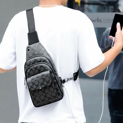 Leather Casual Daypack Sling Shoulder Chest Bag with USB Charging Port