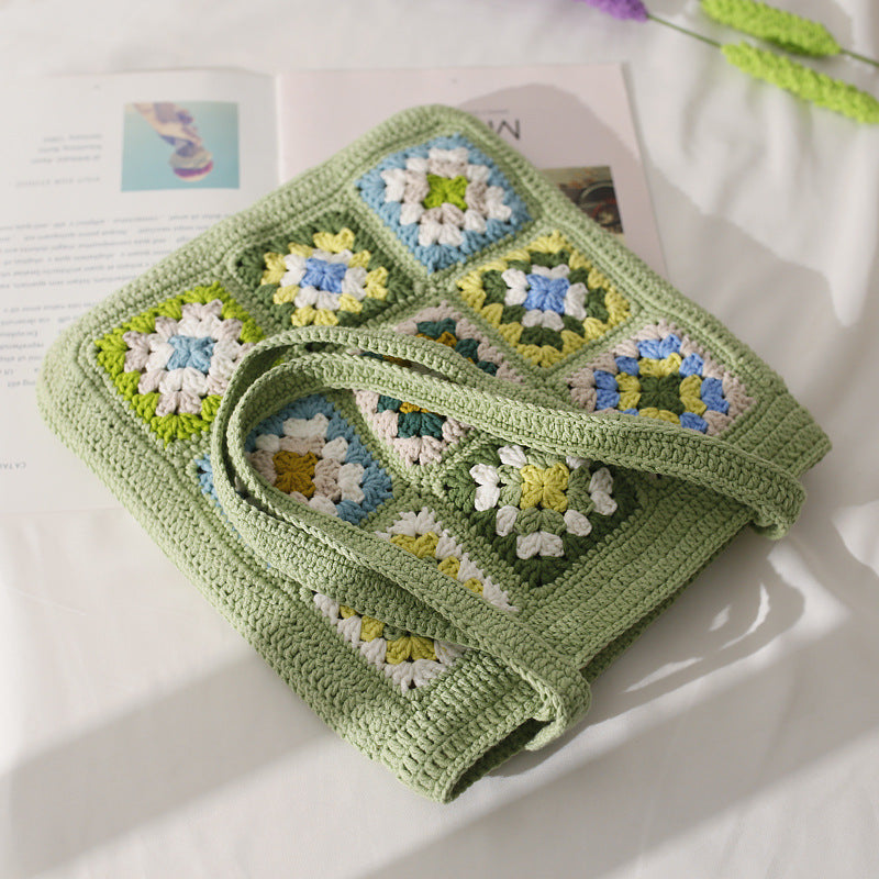 Hand-Woven Check Shoulder Bag Green Flower Stitching Tote