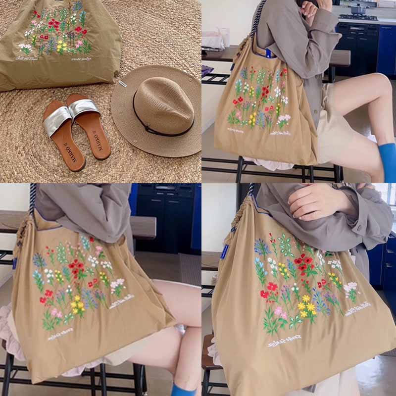 Floral Embroideried Handbag Durable Drawstring Nylon Shoulder Bag For Women