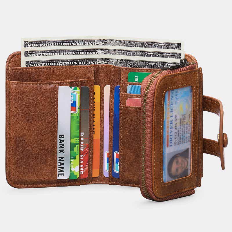 Women's Small Trifold Wallet Real Leather Retro Compact Pocket Wallet