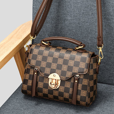 Classic Plaid Embossing Handbag Women Vegan Leather Retro Crossbody Bag