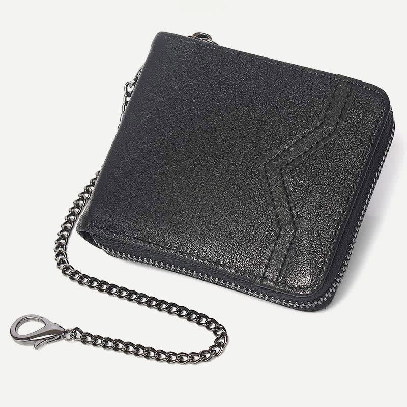 Genuine Leather Zip Around RFID Blocking Bifold Wallet with Chain