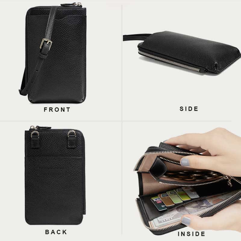 RFID Blocking Leather Phone Crossbody Wallet Bag with Adjustable Strap