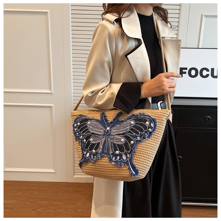 Embroidery Butterfly Shoulder Bag Cotton Linen Crossbody Purse For Women