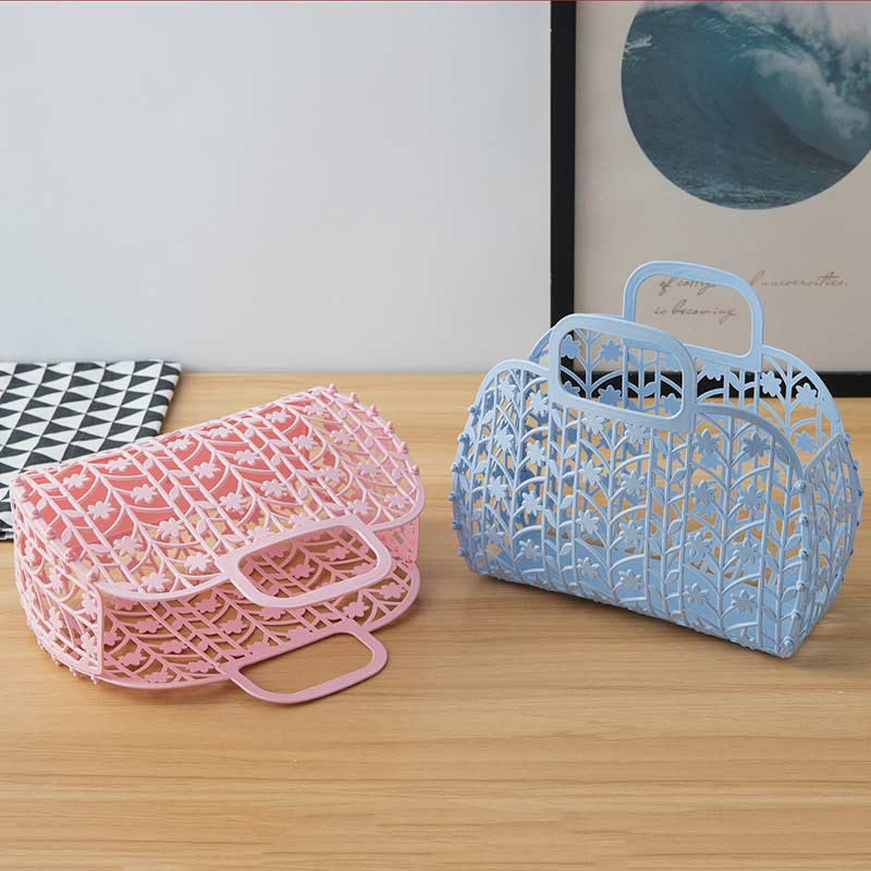 Handbag for Bathroom Pink Collapsible Plastic Storage Bath Basket