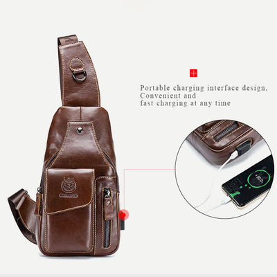 Genuine Leather Multi-Pocket Chest Bag Sling Backpack with USB Charging Port