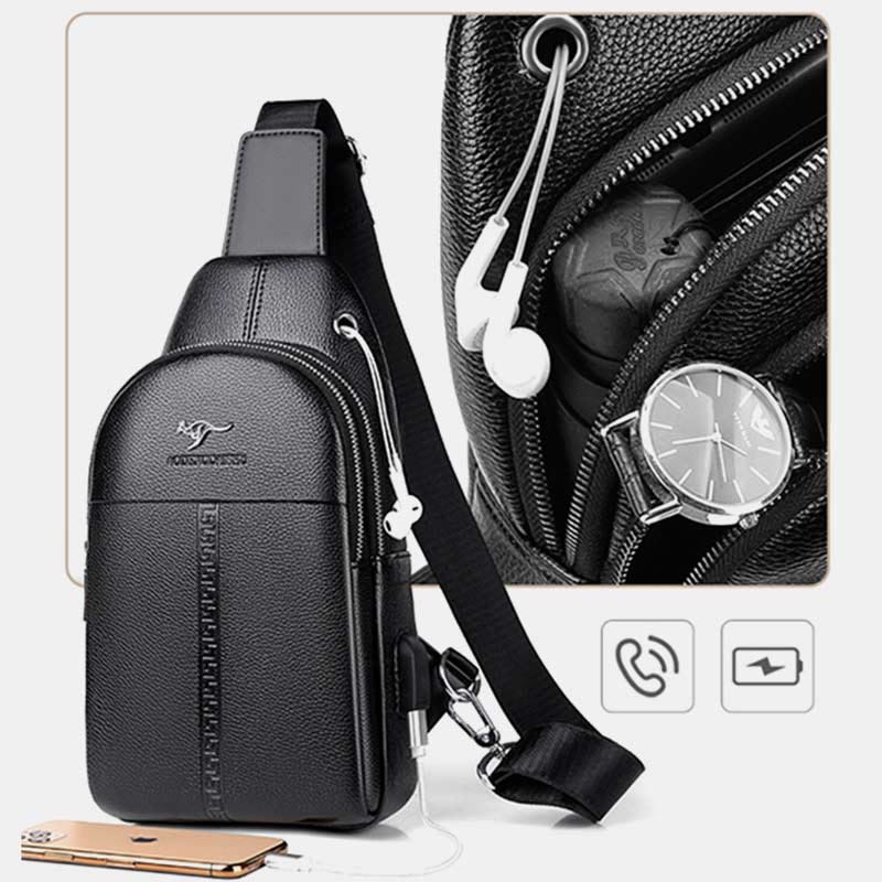 Sling Bag for Men Black Leather Casual Shopping Shoulder Bag