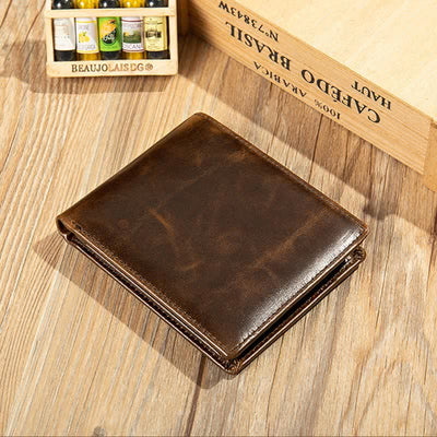 Men's Genuine Leather RFID Blocking Bifold Filp Wallet with ID Window