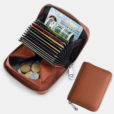 RIFD Blocking Small Coin Purse Multi-Pocket Card Holder Genuine Leather Wallet