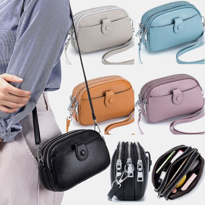 Triple Zip Real Leather Shoulder Bag Casual Crossbody Bag for Women