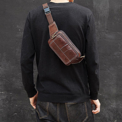 Waist Bag For Men Cowhide Leather Outdoor Running Crossbody Chest Bag