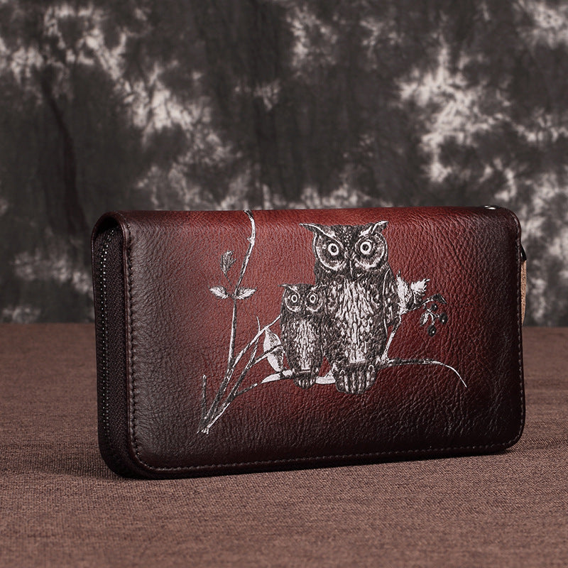 Cute Owl Wallet Retro Long Genuine Leather Clutch Purse