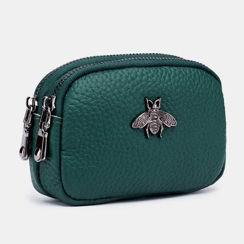 Women Genuine Leather Double Zipper Small Wallet Change Coin Purse