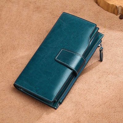 RFID Blocking Long Wallet Oil Wax Leather Phone Purse with Zipper Pocket