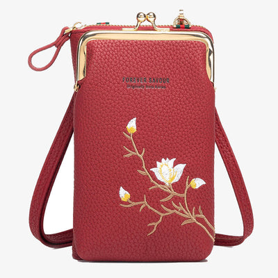 Elegant Embroidered Phone Bag Women Mini Crossbody Leather Purse