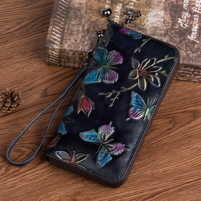 Retro Butterfly Handbag Women Elegant Long Large Space Leather Wallet