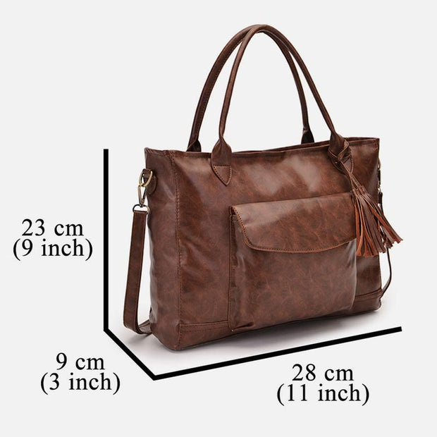 Retro Leather Tote Tassel Decor Classic Multifunctional Travel Bag