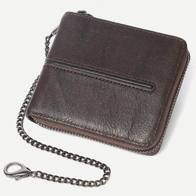 Genuine Leather Zip Around RFID Blocking Bifold Wallet with Chain