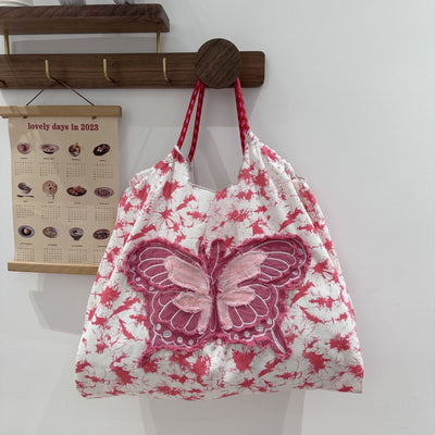 Butterfly Pattern Shoulder Bag For Women Large Denim Tote