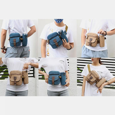 Canvas Belt Bag for Women Men Waist Bag Chest Bag with Bottle Pocket