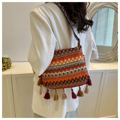 Folk Custom Crossbody Bag Women Tassel Wide Strap Polyester Purse