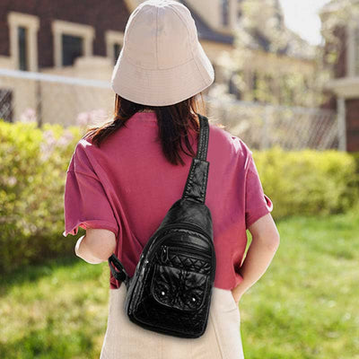 Retro Sling Backpack for Women Multi-Pocket PU Leather Crossbody Chest Bag