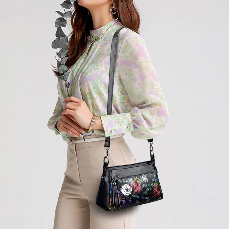 Blooming Floral Crossbody Bag For Women Dragonfly Print Tassel Purse