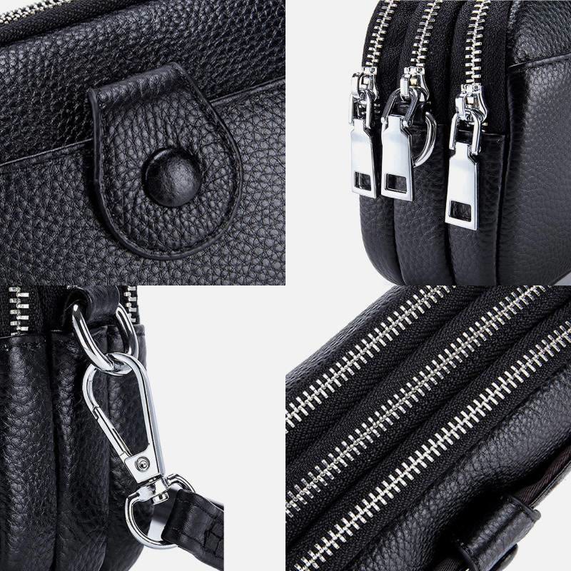 Triple Zip Real Leather Shoulder Bag Casual Crossbody Bag for Women