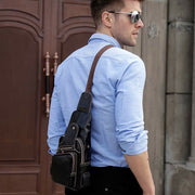Leather Sling Bag Mens Chest Bag with USB Charging Port