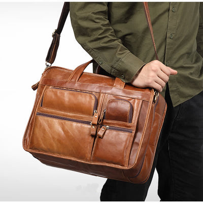 Men's Genuine Leather Briefcase 15.6" Business Laptop Bag with Crossbody Strap