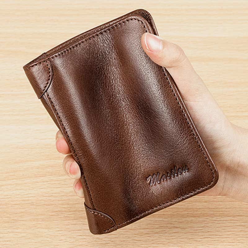 RFID Blocking Cowhide Leather Wallet Retro Roomy Front Pocket Wallet