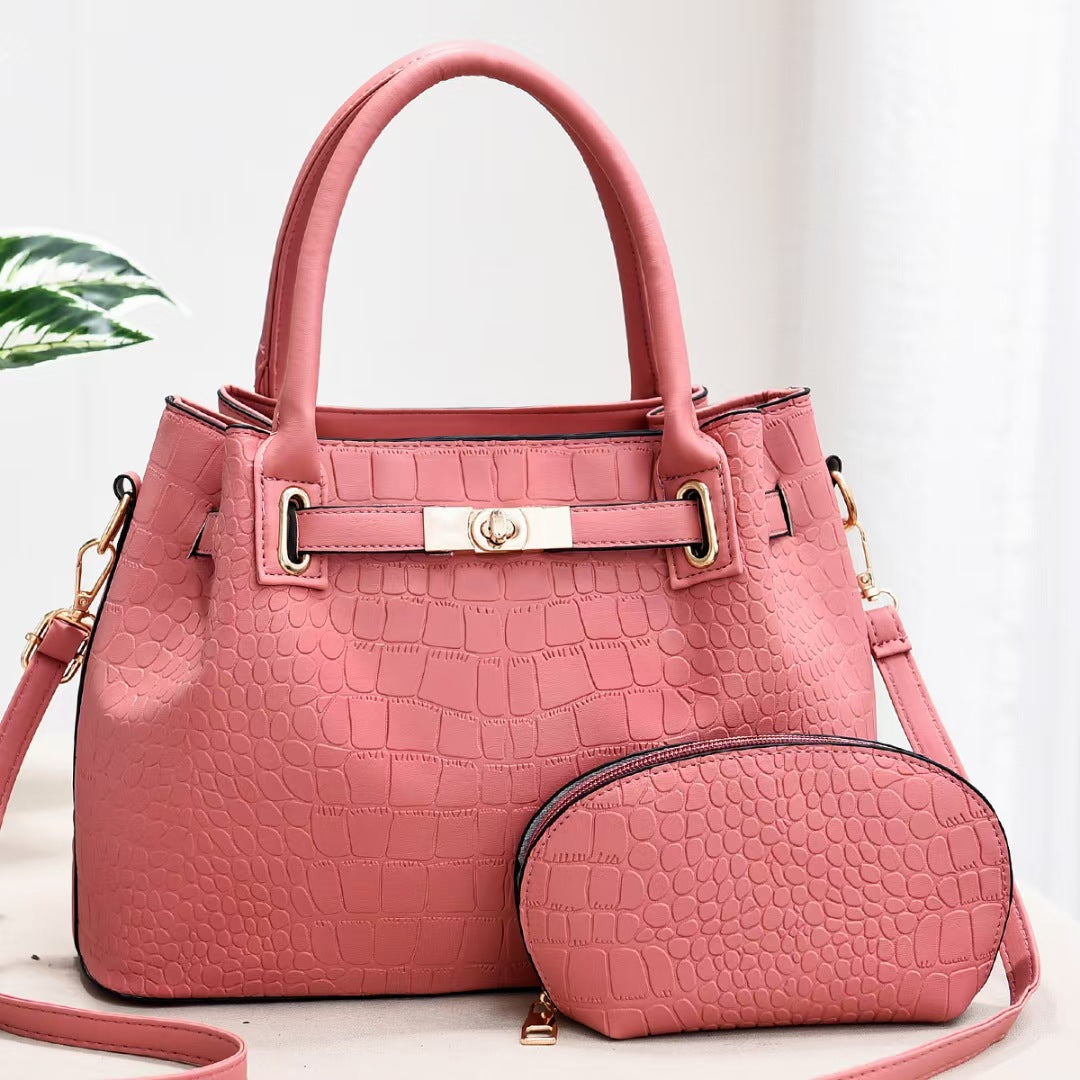 Elegant Bag Set Solid Color Crocodile Print Top Handle Purse