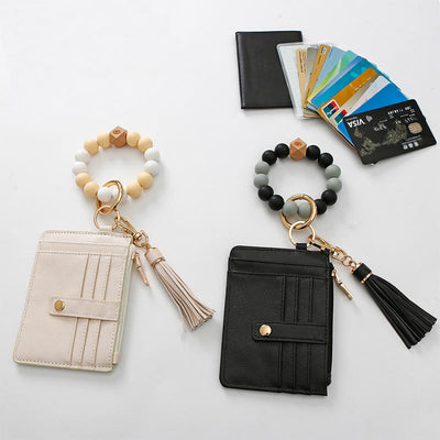 Silicone Bead Wrist Bag Womens Leather Tassel Card Holder