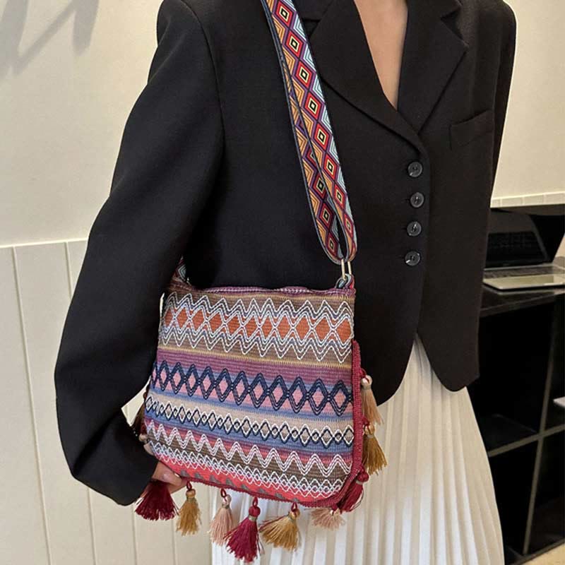 Folk Custom Crossbody Bag Women Tassel Wide Strap Polyester Purse