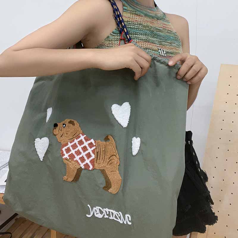 Cute Dog Embroideried Handbag Durable Drawstring Shoulder Bag For Women