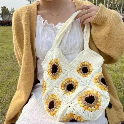 Cute Sunflower Handbag Crochet Hand Woven Shoulder Bag For Women